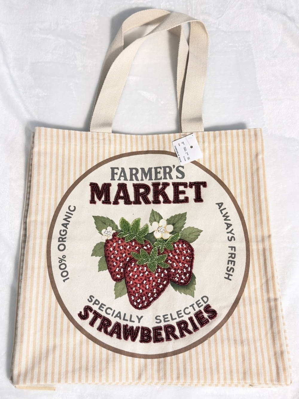 Farmer’s Market Strawberries Beaded Tote Bag - Beige
